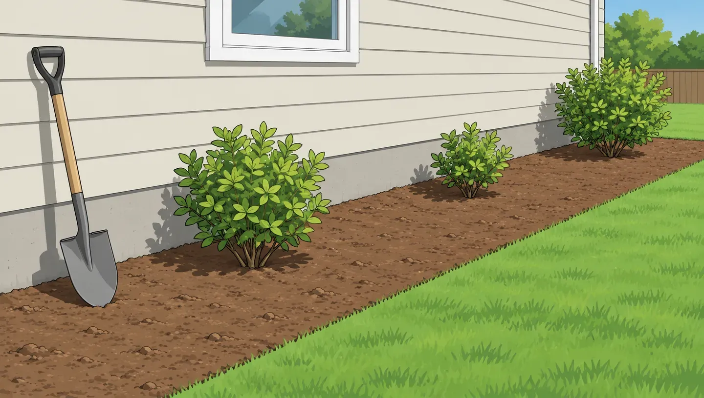 A house foundation on the sunny side with a strip of bare soil about three feet wide between the wall and the lawn edge
