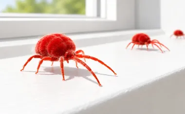 Illustration: macro close-up of tiny red clover mites with long front legs crawling across a white windowsill in bright sunlight.
