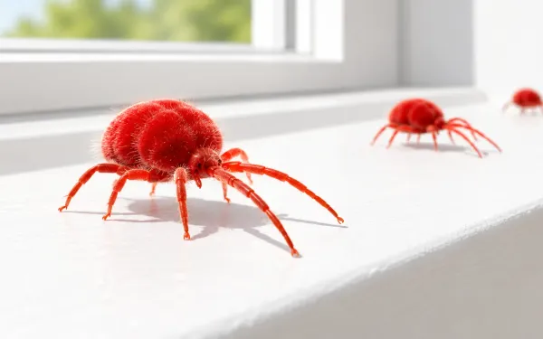 Illustration: macro close-up of tiny red clover mites with long front legs crawling across a white windowsill in bright sunlight.