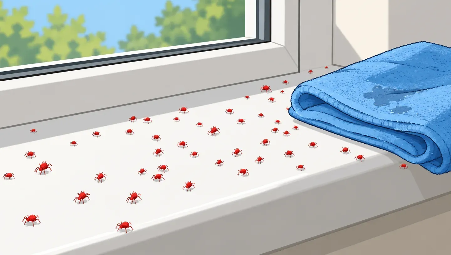 Tiny red clover mites crawling along a white windowsill in sunlight, with a damp cloth folded beside them