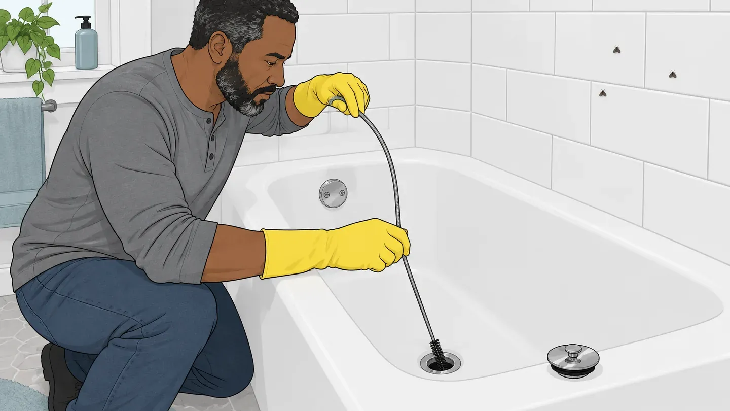 A bearded man in a gray henley kneels at a bathtub and works a long flexible brush down the drain