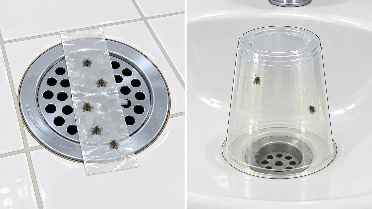 Two panels: a strip of clear tape across a shower drain with tiny fuzzy flies stuck to it, and a clear cup turned upside down over a sink drain