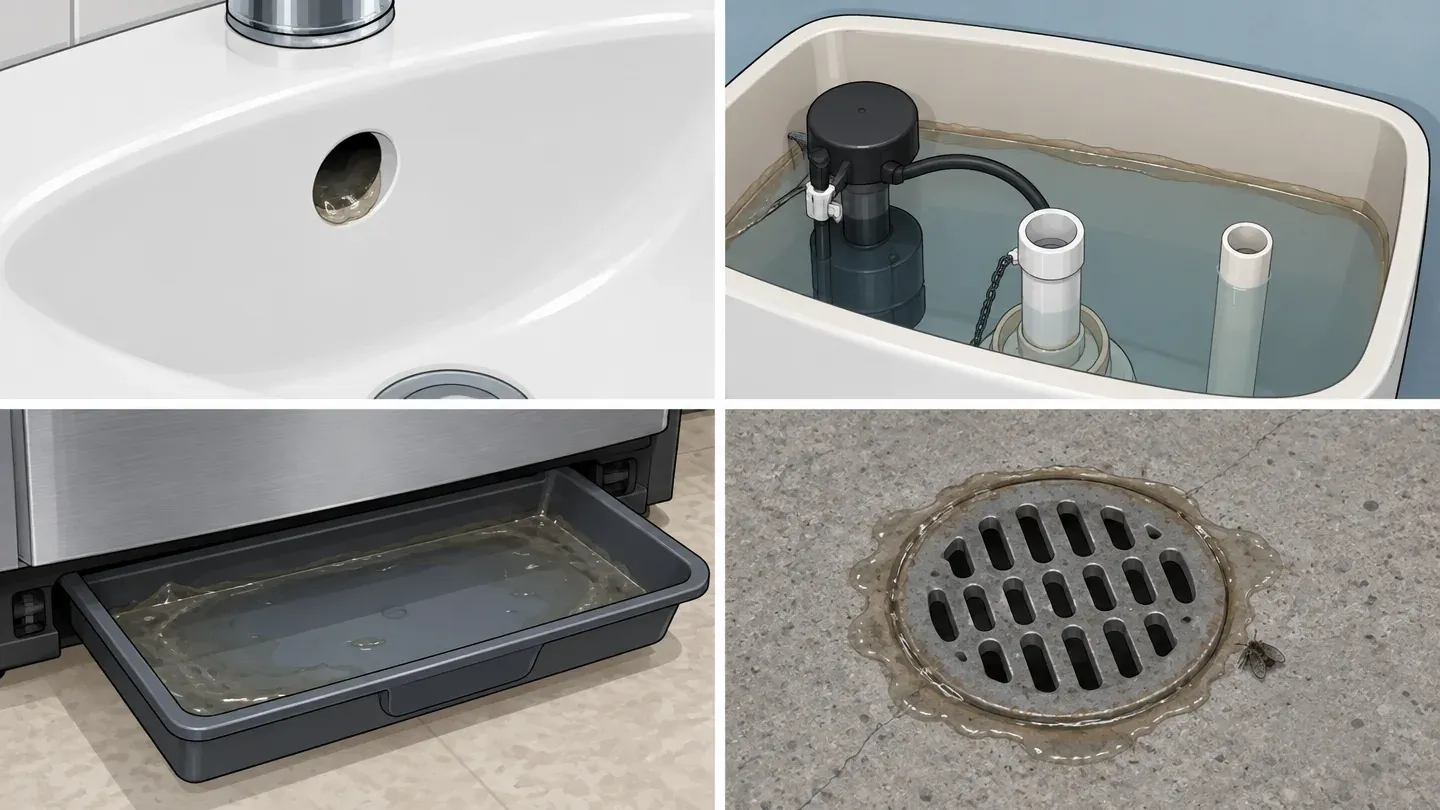 Four panels showing where drain flies breed: a sink overflow hole, a toilet tank, a refrigerator drip pan and a basement floor drain