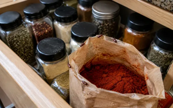 An open spice drawer with an opened paper packet of red chili powder in front and a few tiny reddish-brown beetles on its rim.