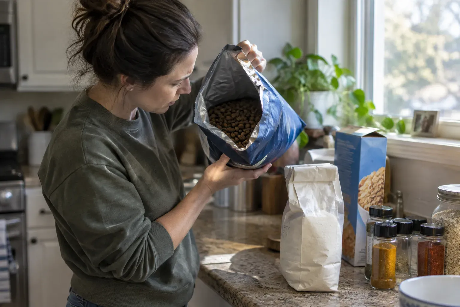 A person holds an opened bag of dry dog food up to the window light to look inside, with flour, cereal and spice jars pulled out onto the counter