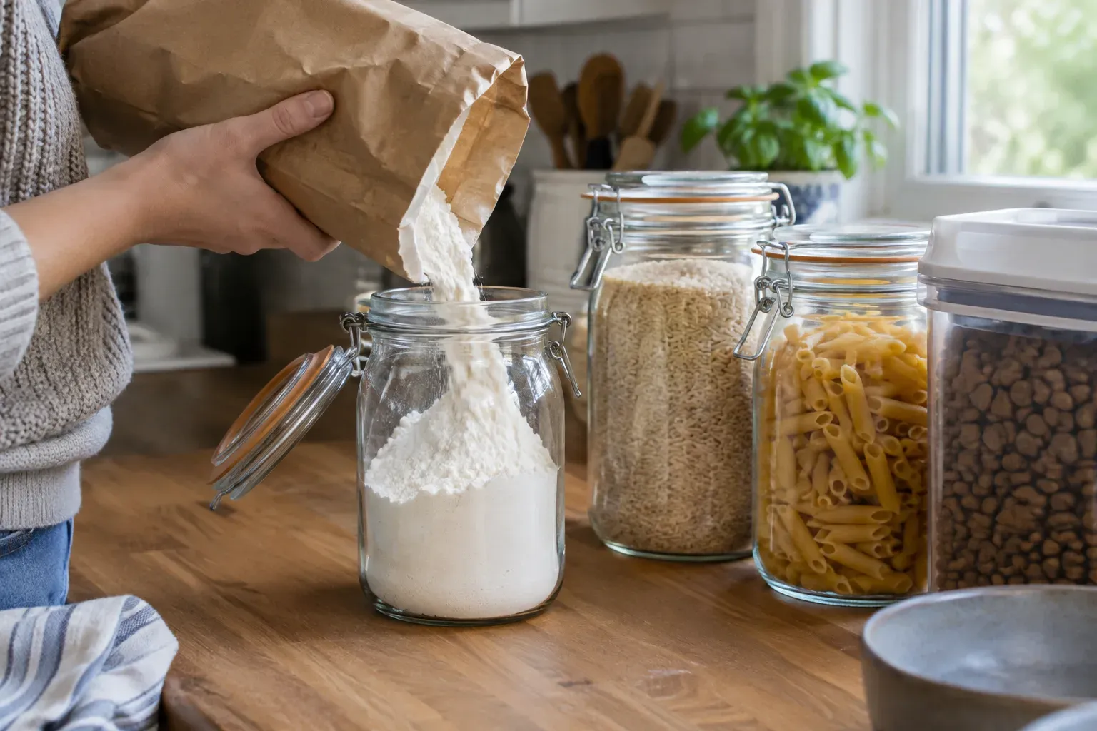 Hands pour flour from a paper bag into a glass jar with a clamp lid, next to sealed jars of rice, pasta and dry pet food