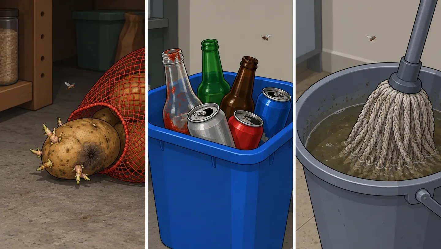 Three panels: a sprouting, rotting potato in a dark pantry corner, a recycling bin of unrinsed bottles and cans, and a gray mop head sitting in a bucket of dirty water