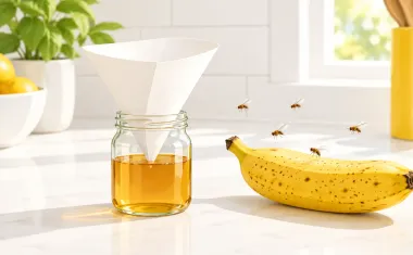 Illustration: small glass jar with apple cider vinegar and a paper cone funnel on a sunny kitchen counter, a few fruit flies hovering near a ripe banana beside it.