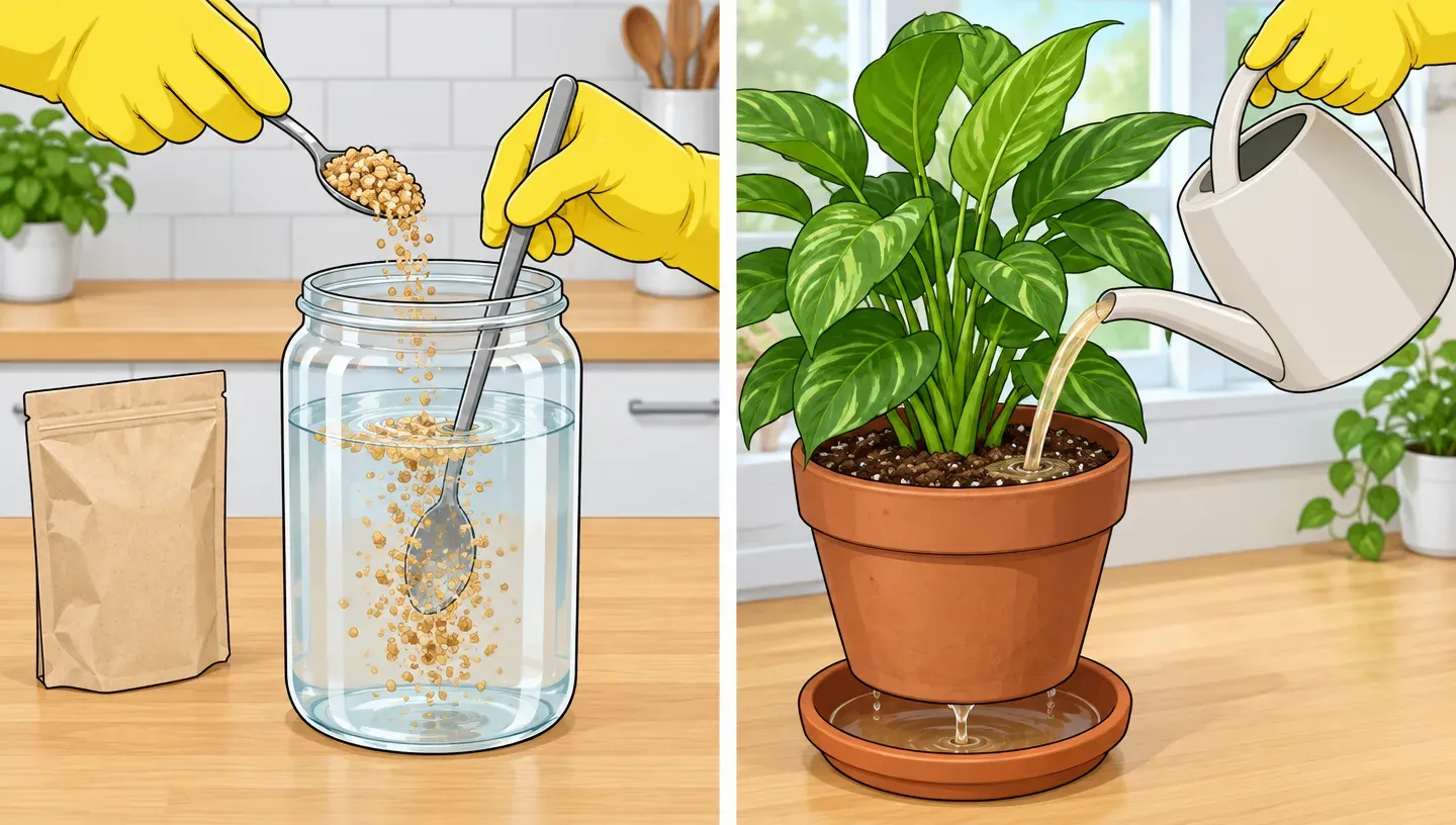 Two panels: gloved hands stir small granules into a jar of water, then pour the strained liquid from a watering can onto a potted plant's soil