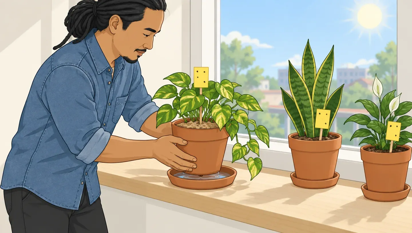 A man in a denim shirt bottom-waters a potted plant in a saucer on a windowsill, with a yellow sticky card on a stake in the pot