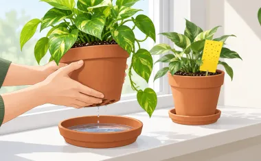 Illustration: two hands lifting a potted pothos out of a saucer of water to bottom-water it on a bright windowsill, a yellow sticky card stuck into the soil of a second pot behind.