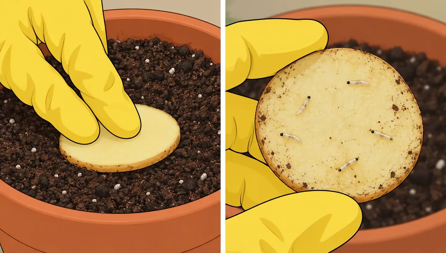 Two panels: a slice of raw potato pressed onto potting soil, and the slice flipped over to show a few tiny pale larvae with black heads