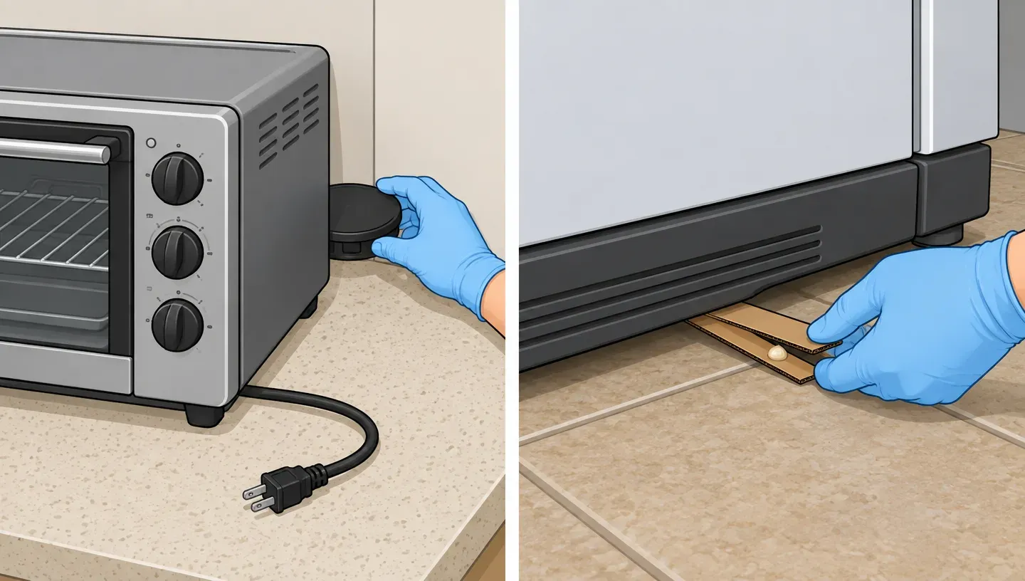 A bait station behind a toaster oven and a baited card under a refrigerator
