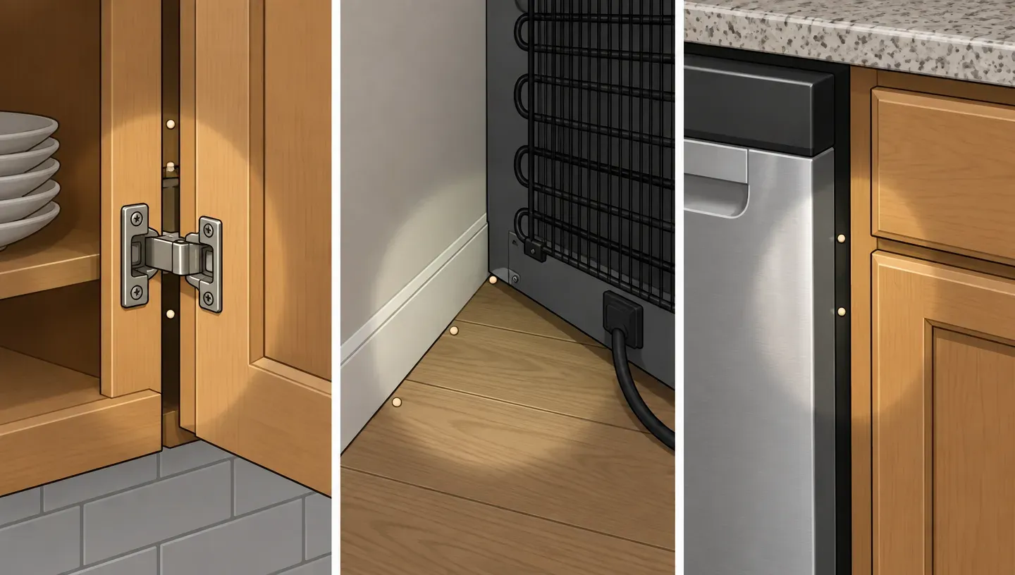 Where to put bait for German roaches: a cabinet hinge, behind the fridge, beside the dishwasher