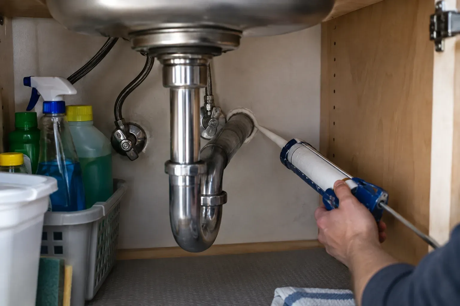 A hand runs a bead of caulk around the gap where a water pipe enters the back wall of an under-sink cabinet