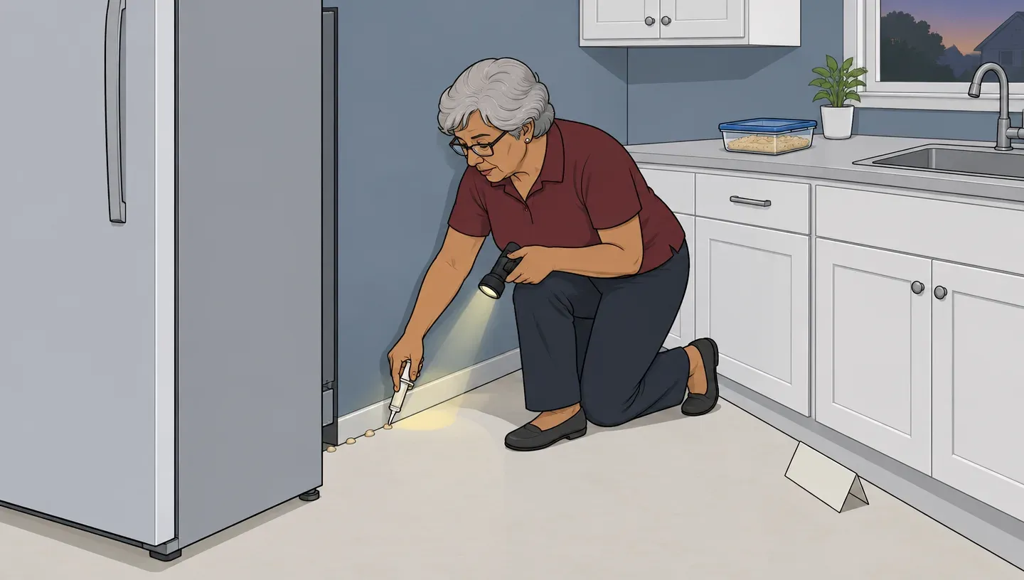A woman in glasses and a maroon polo dabs gel bait behind a pulled-out refrigerator