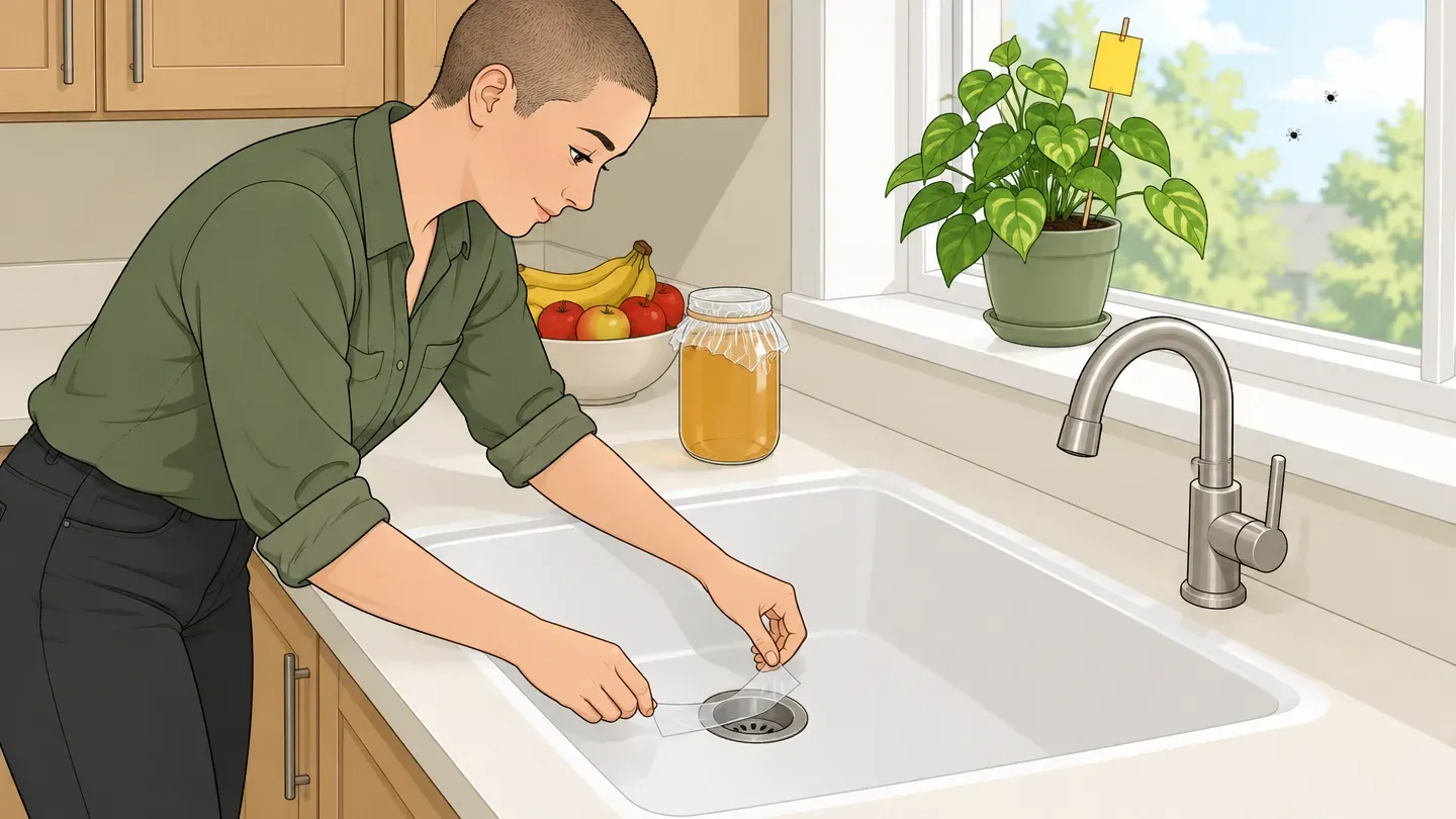 A woman with a buzz cut in a green work shirt lays tape across a kitchen sink drain beside a vinegar jar trap and a fruit bowl