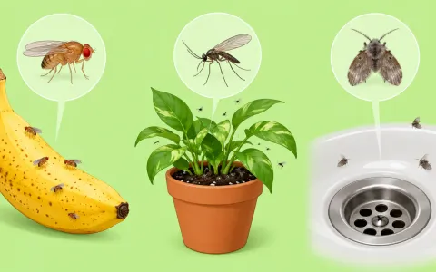 Illustration: three-panel composition showing three kinds of small flies and where they come from: a fruit fly over a ripe banana, a fungus gnat over a houseplant pot, a drain fly over a sink drain.