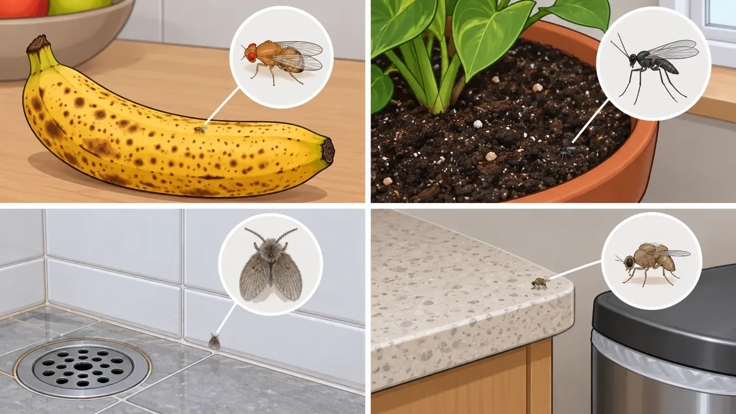Four panels comparing a fruit fly on a banana, a fungus gnat on potting soil, a drain fly on bathroom tile and a phorid fly on a counter