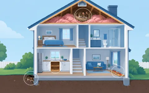 Illustration: cutaway illustration of a two-story house showing the places mice use: a gap at the foundation, droppings in the kitchen cabinet, a nest in the attic insulation, traps along a wall, each marked with a small dotted circle.