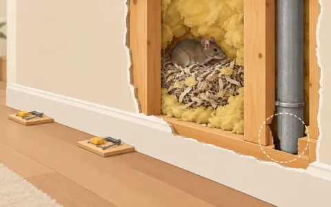 Illustration: cross-section of an interior wall showing studs, insulation and a mouse nest inside the cavity, snap traps along the outside baseboard, a small gap at a pipe marked with a dotted circle.