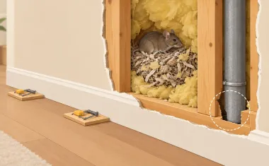 Illustration: cross-section of an interior wall showing studs, insulation and a mouse nest inside the cavity, snap traps along the outside baseboard, a small gap at a pipe marked with a dotted circle.