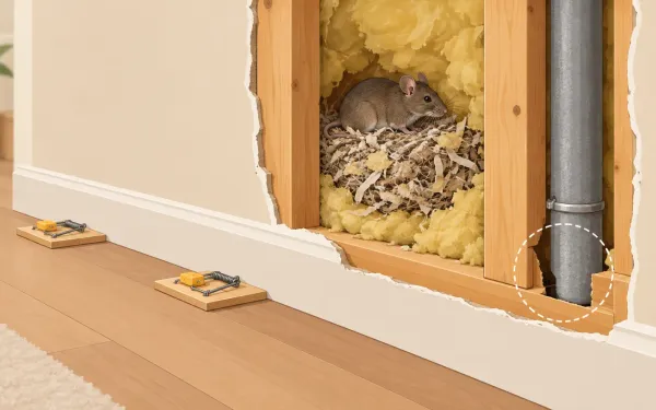 Illustration: cross-section of an interior wall showing studs, insulation and a mouse nest inside the cavity, snap traps along the outside baseboard, a small gap at a pipe marked with a dotted circle.
