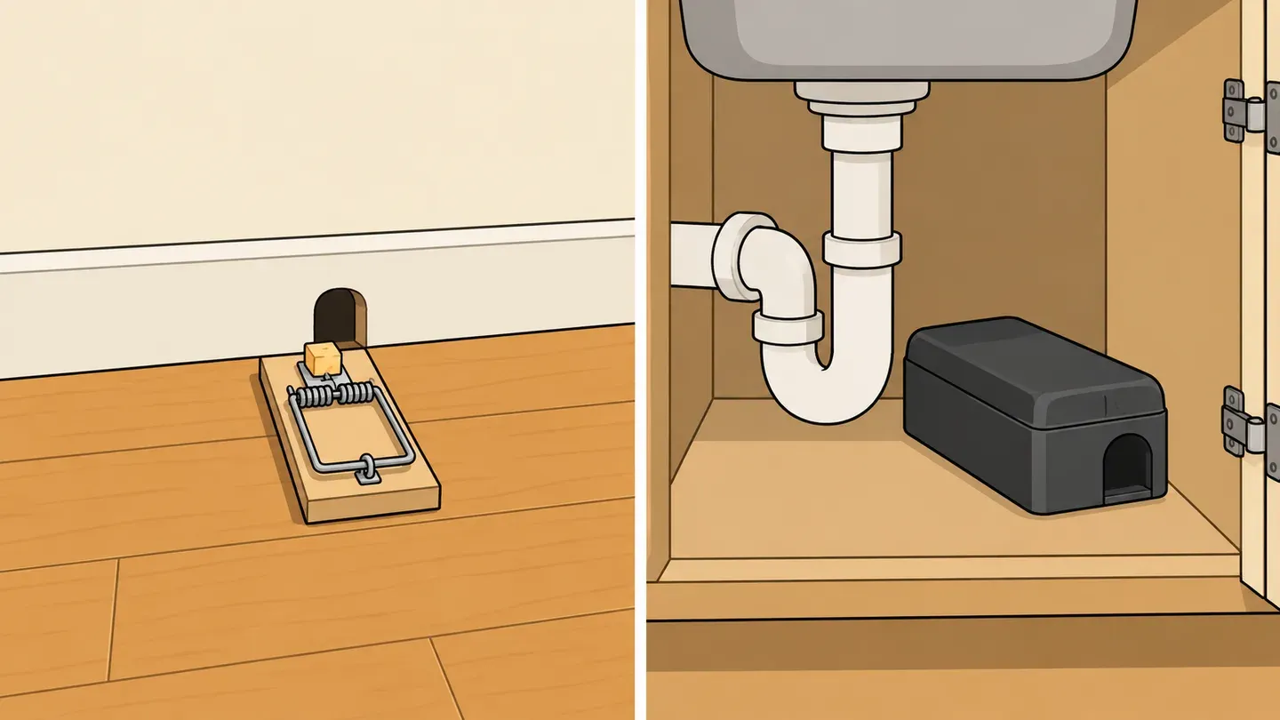 A wooden snap trap set at a right angle to the baseboard beside a small gap, and a second trap inside an enclosed trap box under a sink