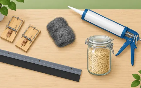 Illustration: top-down flat lay of poison-free mouse control tools on a light wood surface: snap traps, steel wool, a caulk gun, a door sweep, a sealed glass food jar.