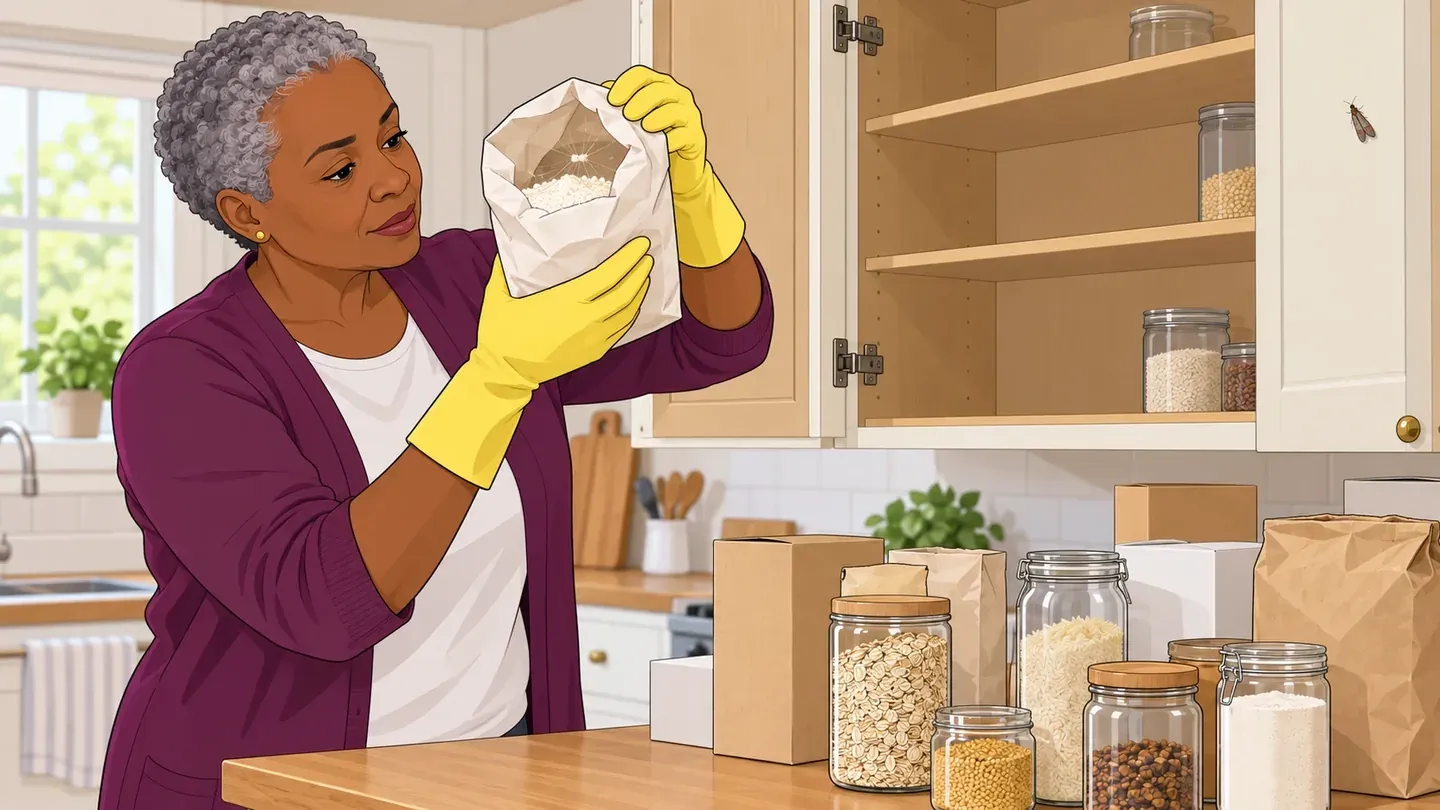 A woman in yellow rubber gloves takes a bag of flour off a half-emptied pantry shelf and checks it for pantry moth webbing