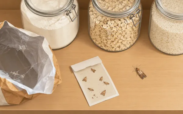 Illustration: top-down view of an emptied pantry shelf: airtight glass jars of flour, oats and rice lined up, one opened bag with webbing set aside, a pheromone trap card on the shelf.