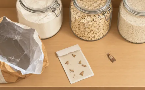Illustration: top-down view of an emptied pantry shelf: airtight glass jars of flour, oats and rice lined up, one opened bag with webbing set aside, a pheromone trap card on the shelf.