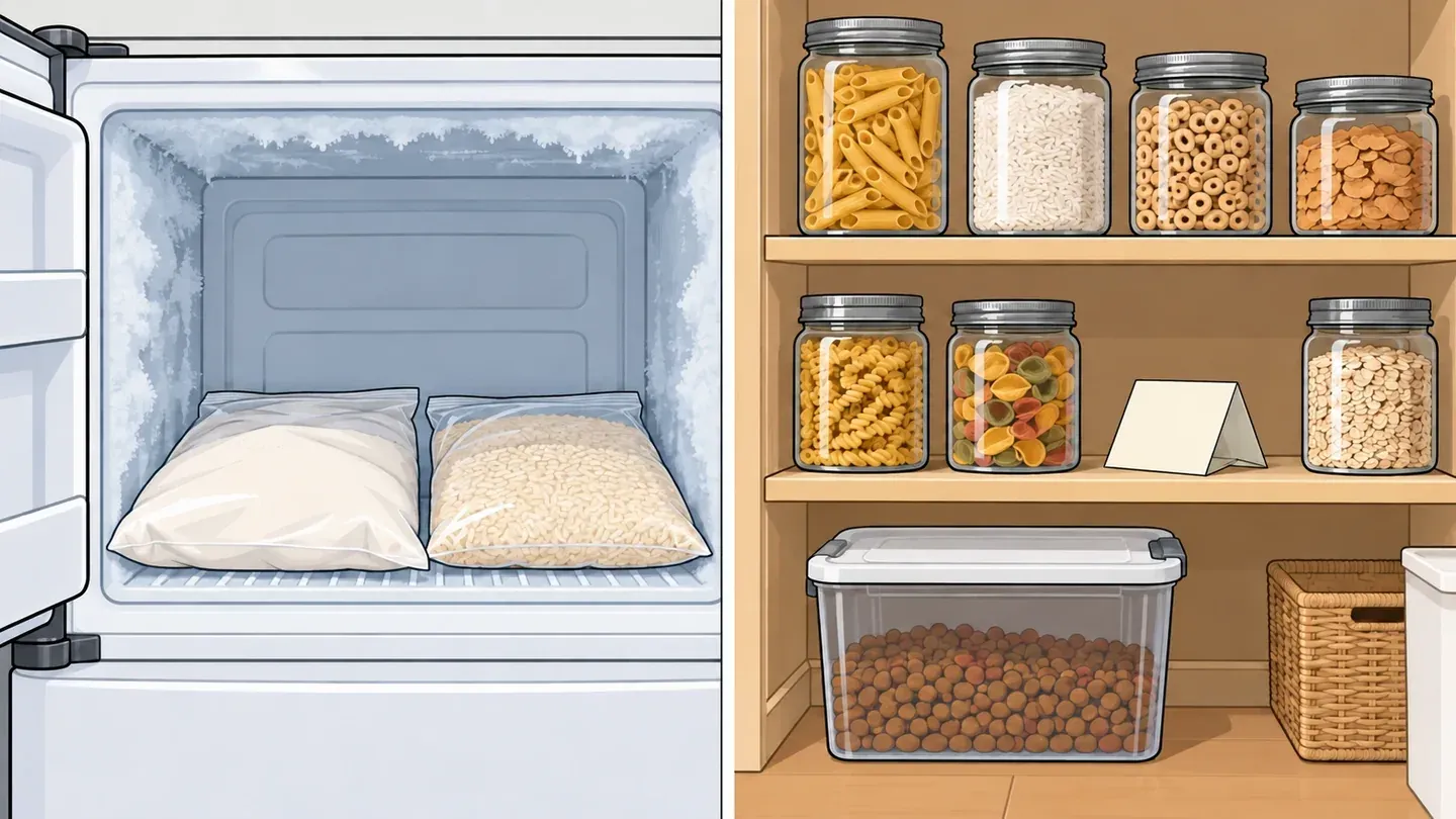 Two panels: bags of flour and rice lying flat in a home freezer, and clean pantry shelves with glass jars, a lidded pet food bin and a small tent-shaped sticky trap