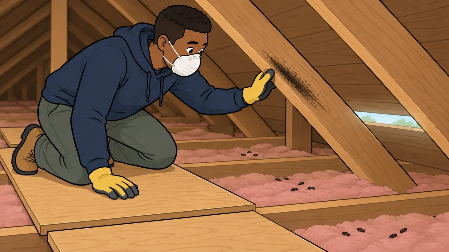 A man wearing a dust mask and gloves kneels in an attic beside a rafter with a dark rub mark and droppings on the insulation