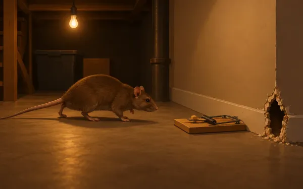 Illustration: basement at night lit by a single bulb, a brown rat moving along the wall toward a rat-size snap trap placed perpendicular to the wall, a gnawed hole in the drywall corner.