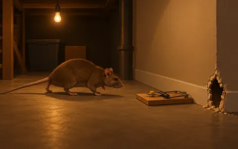 Illustration: basement at night lit by a single bulb, a brown rat moving along the wall toward a rat-size snap trap placed perpendicular to the wall, a gnawed hole in the drywall corner.