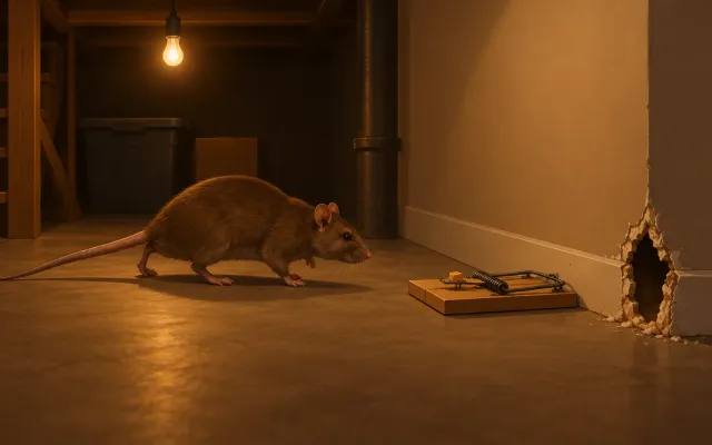 Illustration: basement at night lit by a single bulb, a brown rat moving along the wall toward a rat-size snap trap placed perpendicular to the wall, a gnawed hole in the drywall corner.
