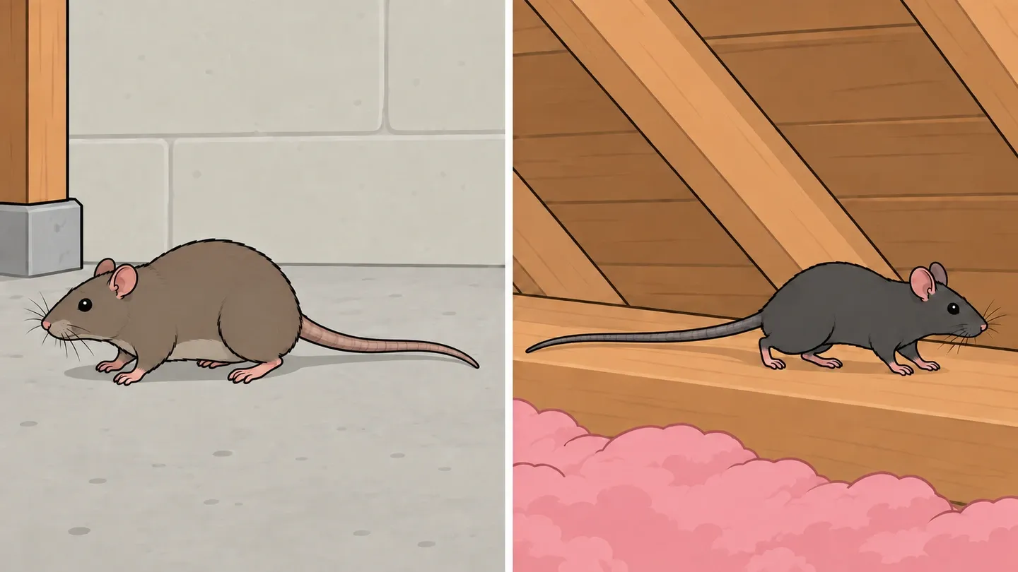 A stocky Norway rat beside a slimmer roof rat