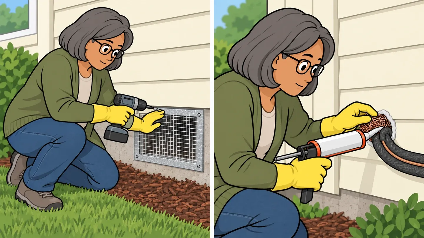 A woman screws hardware cloth over a foundation vent, then packs copper mesh around an air-conditioning line