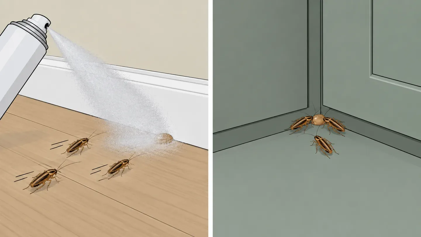 Two panels: roaches scattering from a sprayed baseboard, and roaches feeding at a dot of gel bait in an unsprayed cabinet corner