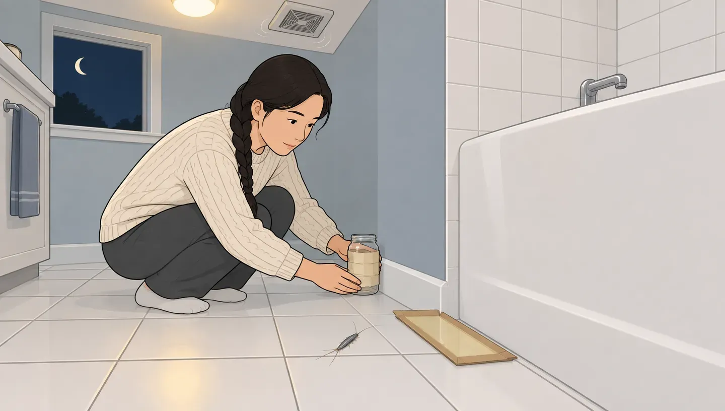 A woman in a cream knit sweater sets a tape-wrapped glass jar trap in a bathroom corner at night, with a sticky trap along the baseboard