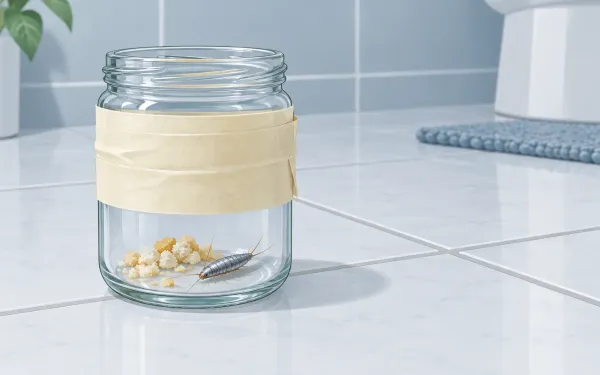 Illustration: small glass jar wrapped in masking tape on the outside, with a pinch of bread crumbs inside and a silvery teardrop-shaped silverfish at the bottom, on a bathroom tile floor.