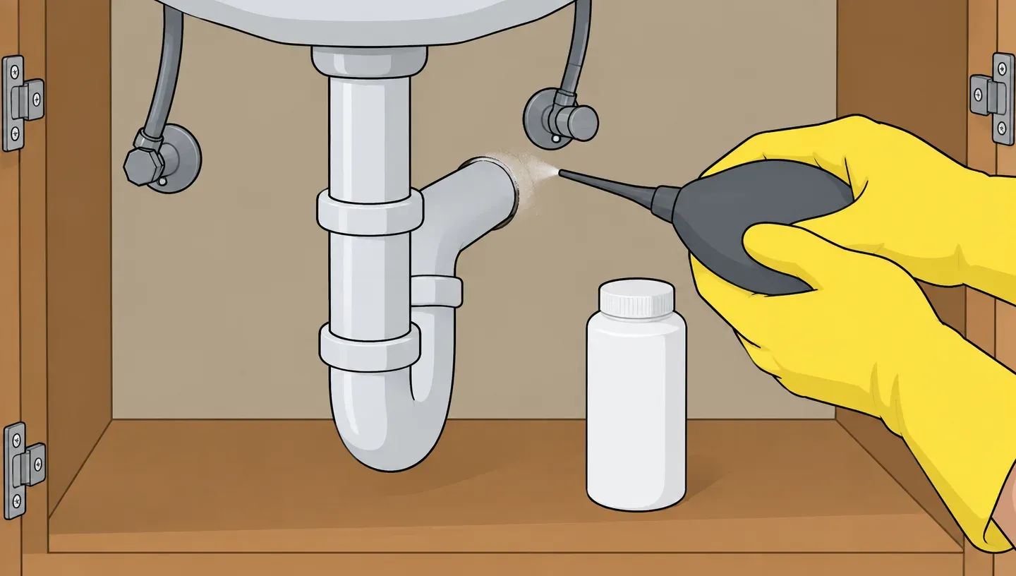 Gloved hands use a small bulb duster to puff a thin layer of dust into the gap where a pipe goes through the wall under a bathroom sink