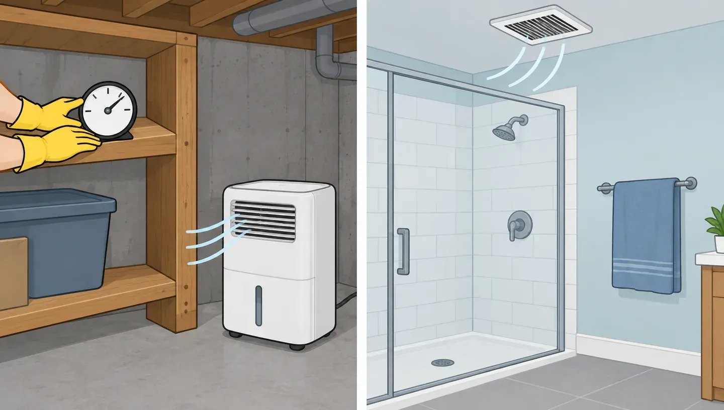 Two panels: gloved hands set a dial humidity gauge on a basement shelf beside a running dehumidifier, and a bathroom exhaust fan running over a wiped-dry shower