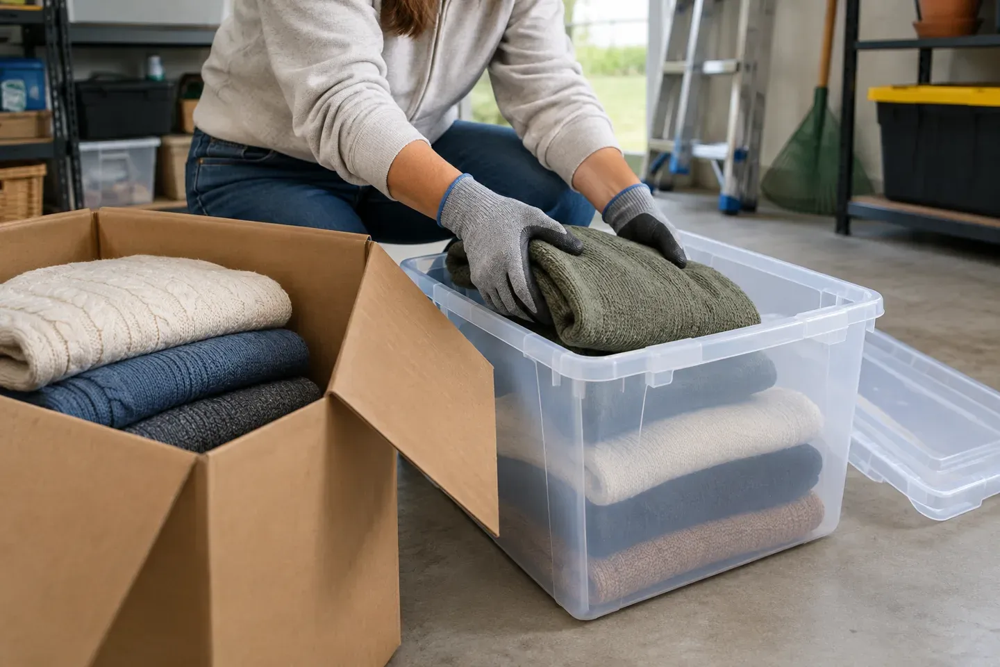 Gloved hands moving folded items from a cardboard box into a lidded plastic storage bin in a garage