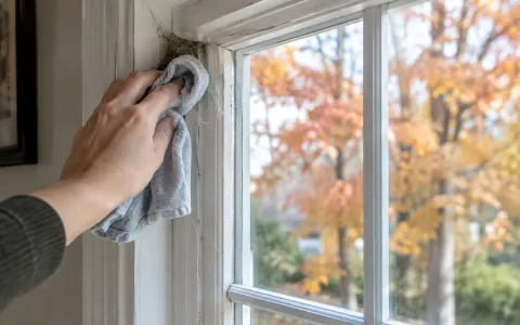 A person wiping an old cobweb from a window frame with a cloth, autumn trees blurred outside the glass.