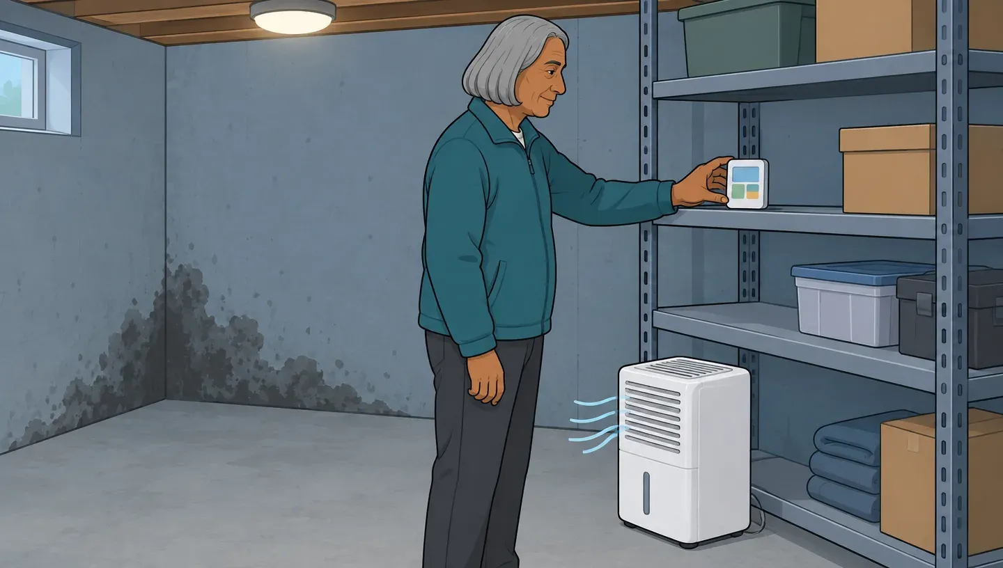 An older man in a teal fleece places a small humidity meter on a basement shelf beside a running dehumidifier