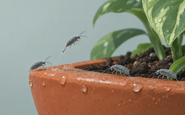 Illustration: macro close-up of several tiny gray springtails on the damp rim of a houseplant pot, one mid-jump, water droplets on the terracotta.