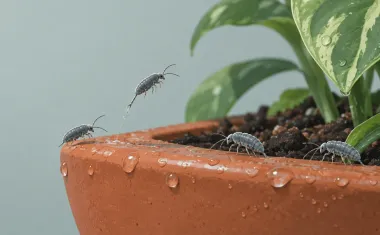 Illustration: macro close-up of several tiny gray springtails on the damp rim of a houseplant pot, one mid-jump, water droplets on the terracotta.