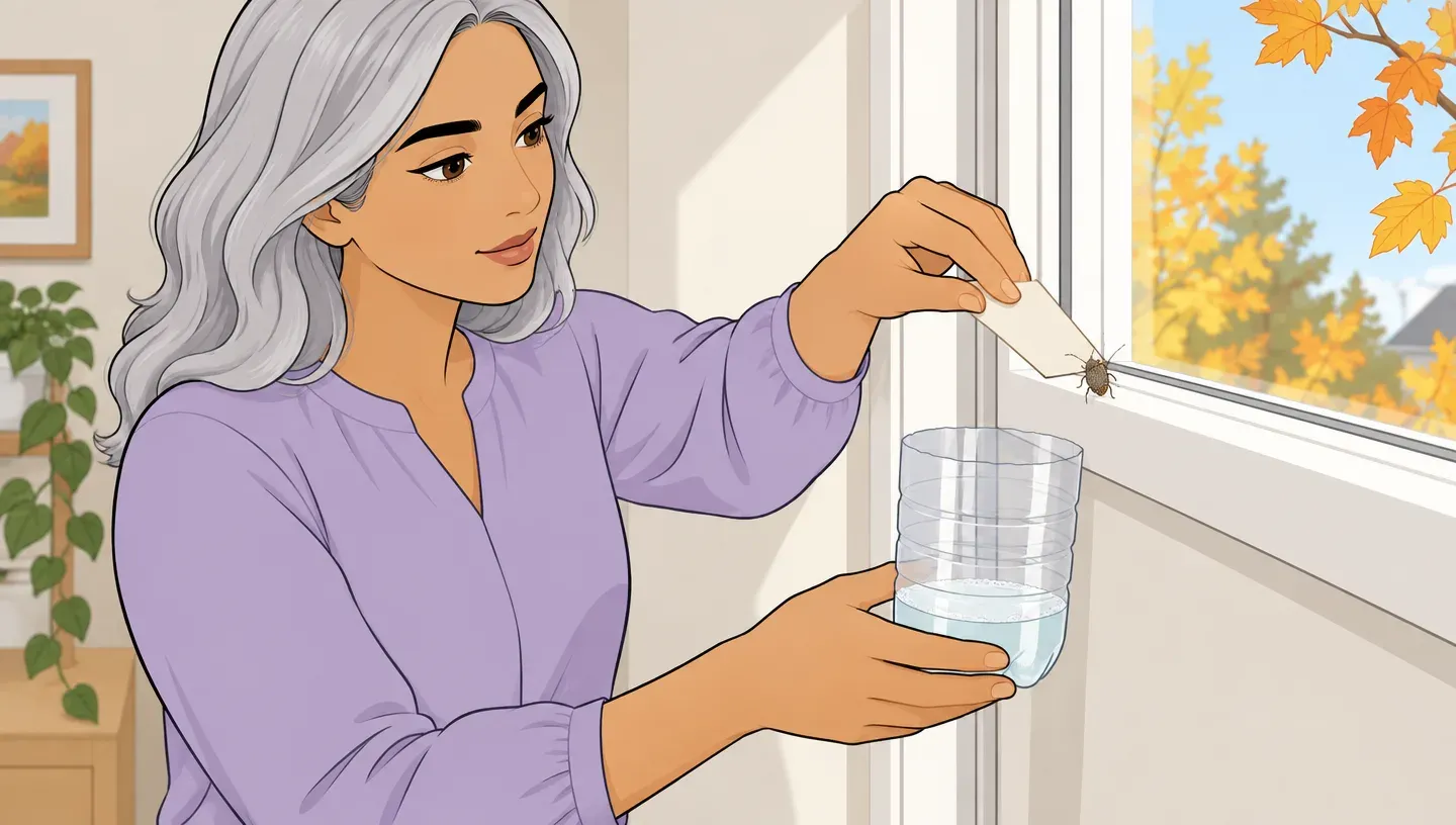 A woman in a lavender blouse holds a cut-off plastic bottle with soapy water under a stink bug on a window frame